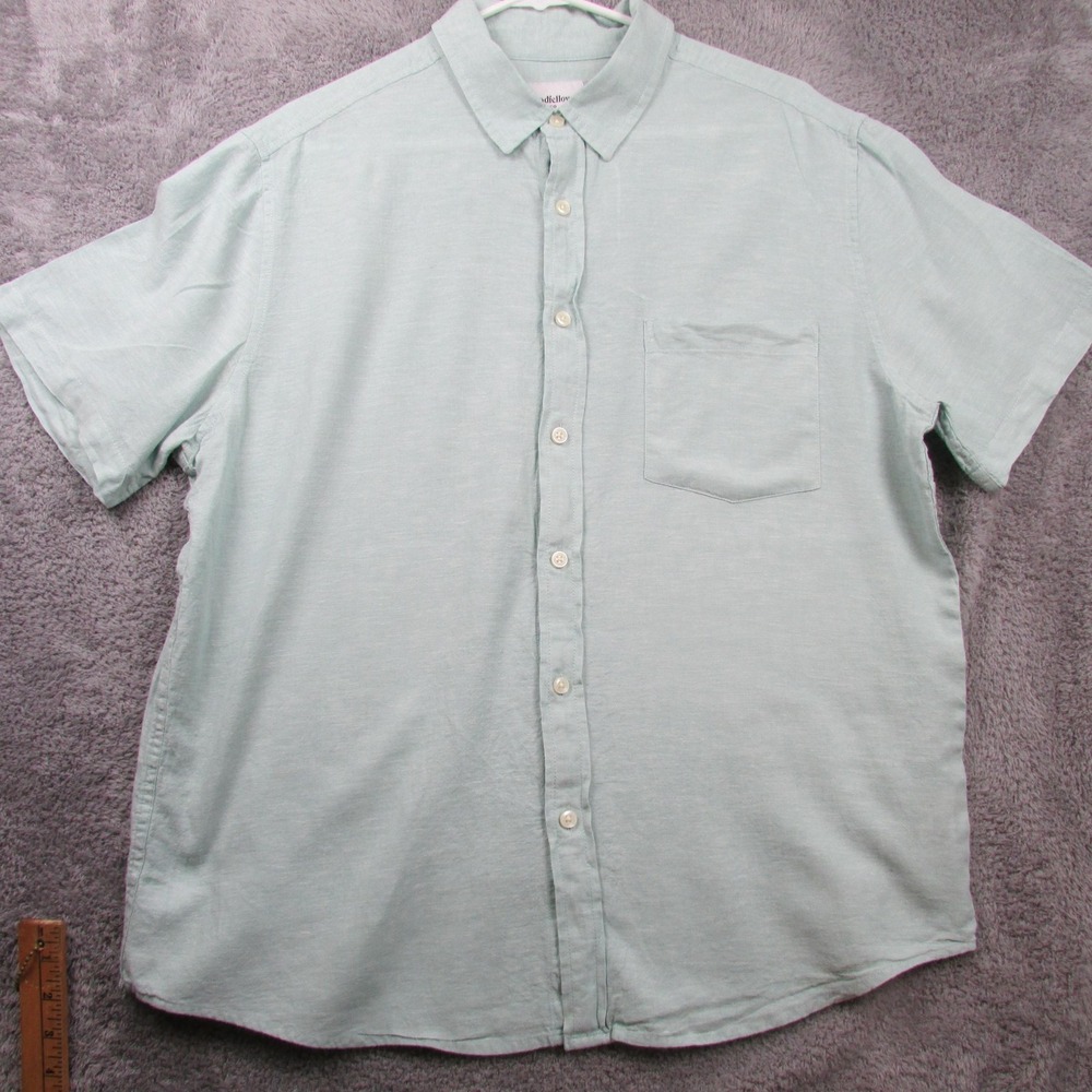 Goodfellow & Co Shirt Mens Large Green Solid Short Sleeve Button Front Linen